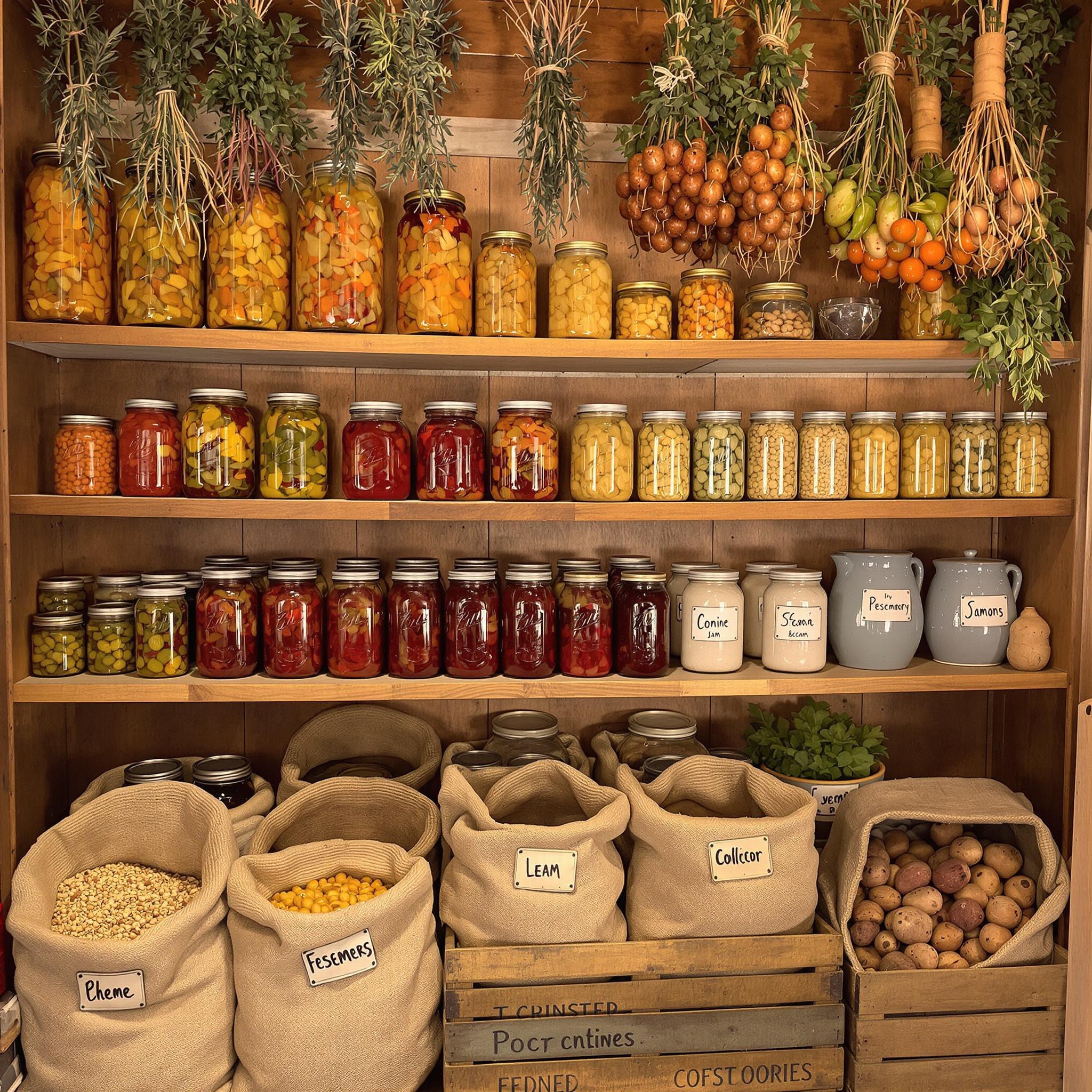 A homestead pantry with glass jars of pickled veggies, burlap sacks of grains, root vegetables, and dried herbs hanging from the ceiling.