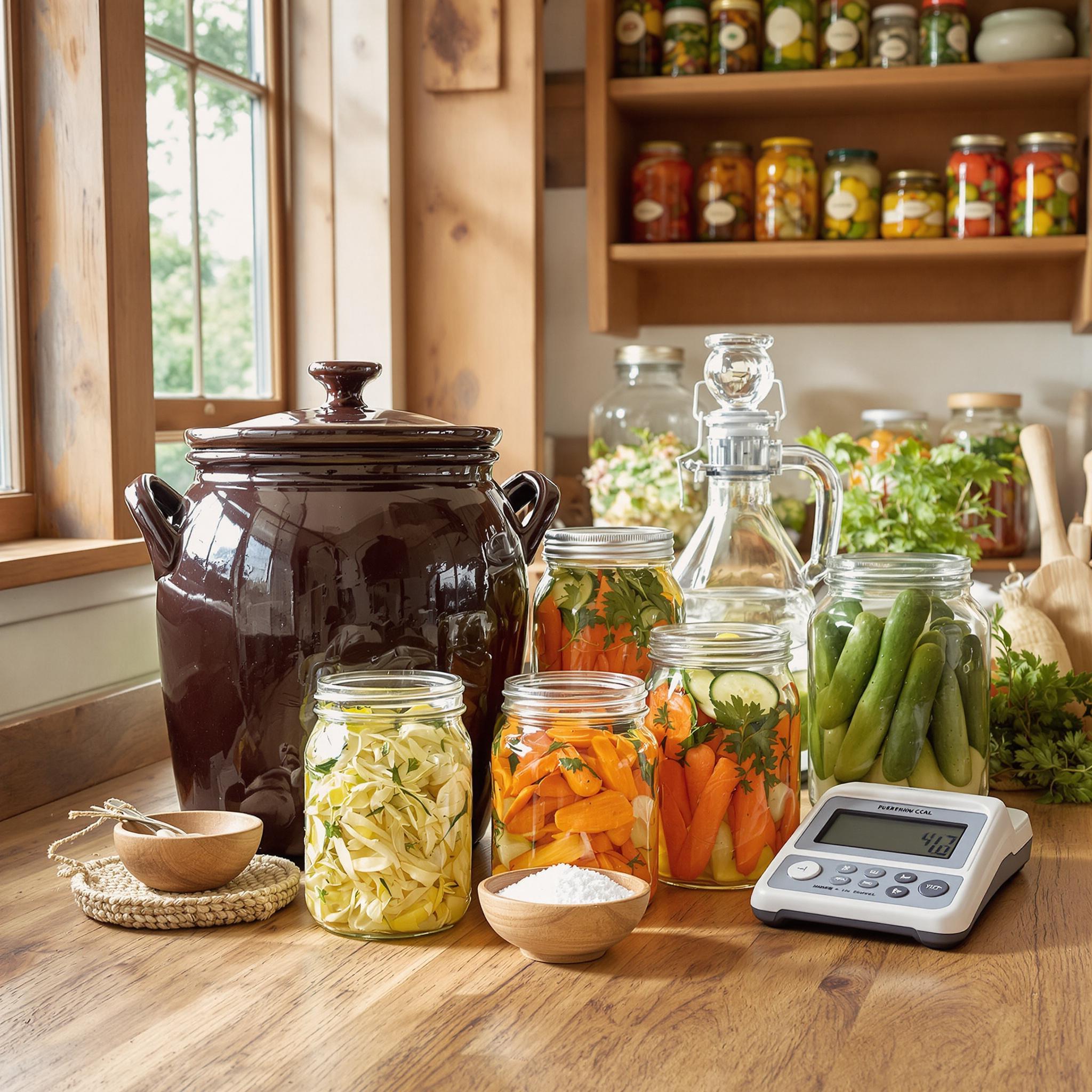 A rustic kitchen counter with fermentation crocks, Mason jars of fermenting veggies, airlock lids, and a salt scale for preservation.