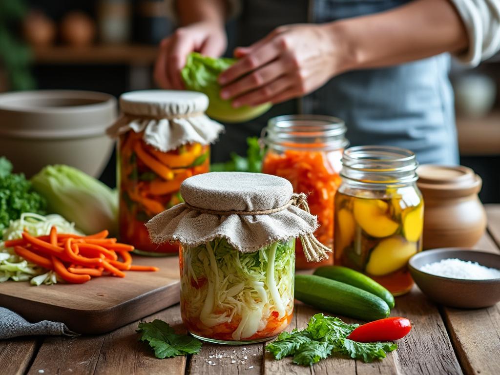 A rustic kitchen table with jars of homemade sauerkraut, kimchi, pickles, and kombucha, showcasing vibrant colors and textures.