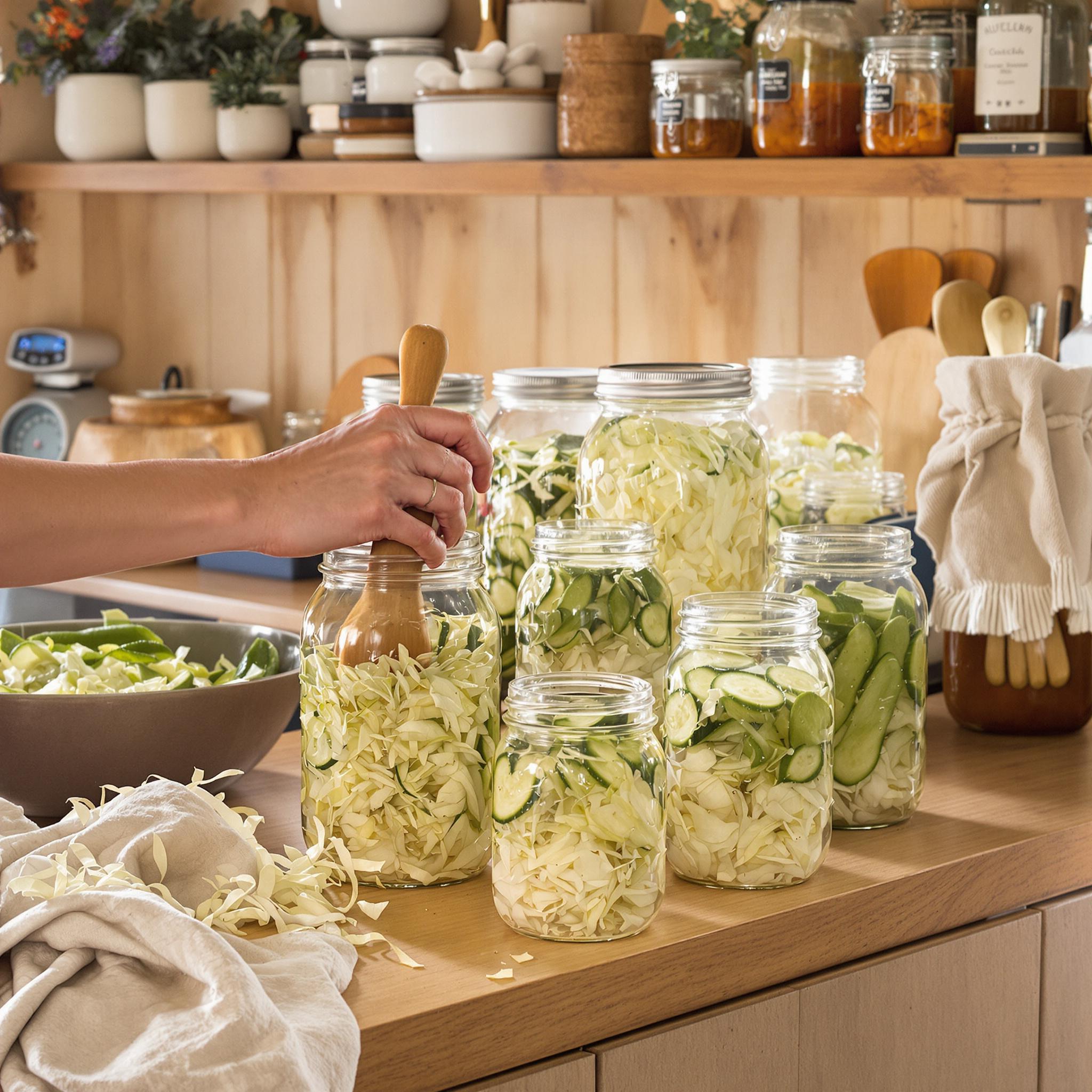 A kitchen counter with glass jars of fermenting vegetables, using brine and weights to keep them submerged for proper fermentation.