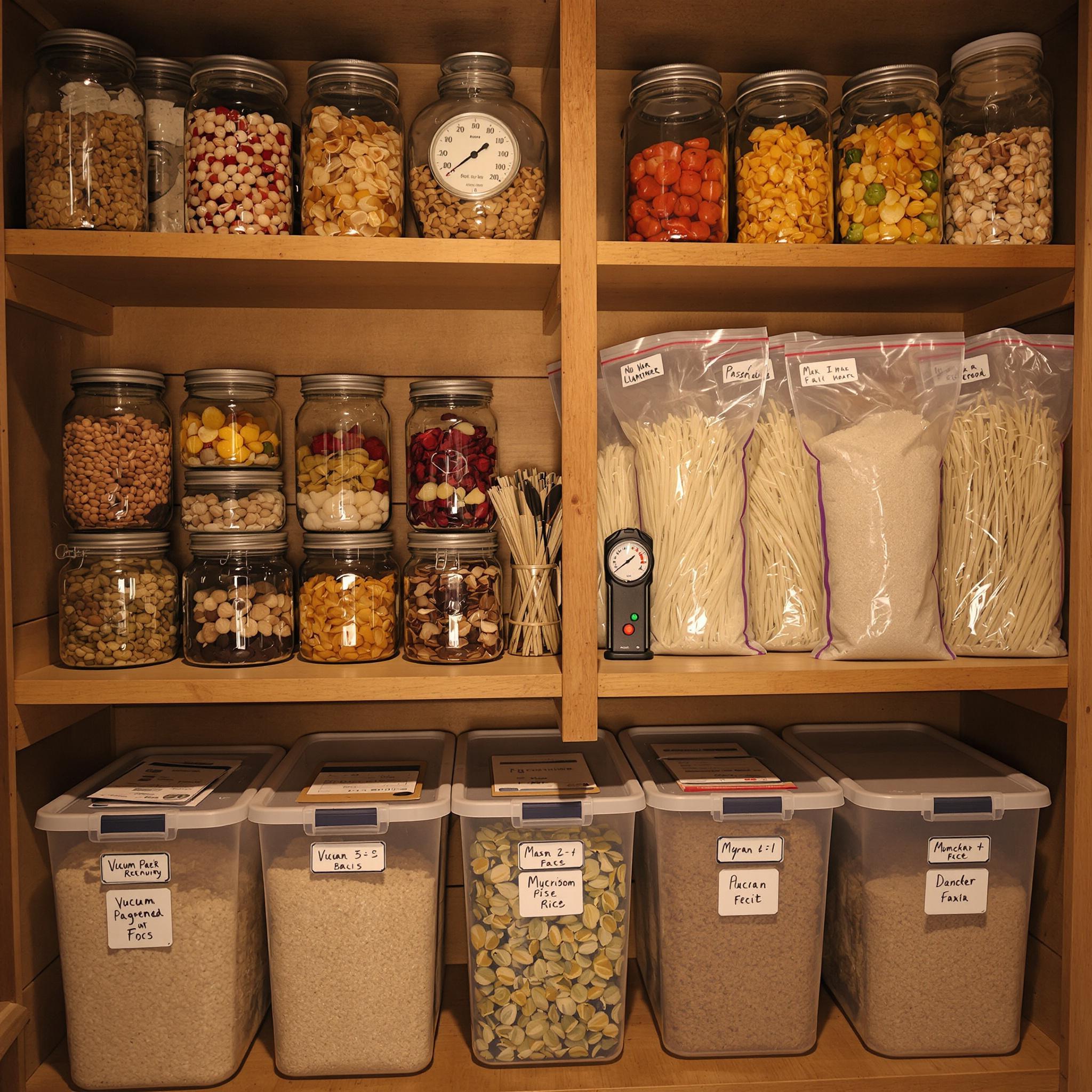 A neatly organized pantry with wooden shelves holding glass jars of preserved food, vacuum-sealed bags of grains, and a humidity gauge.