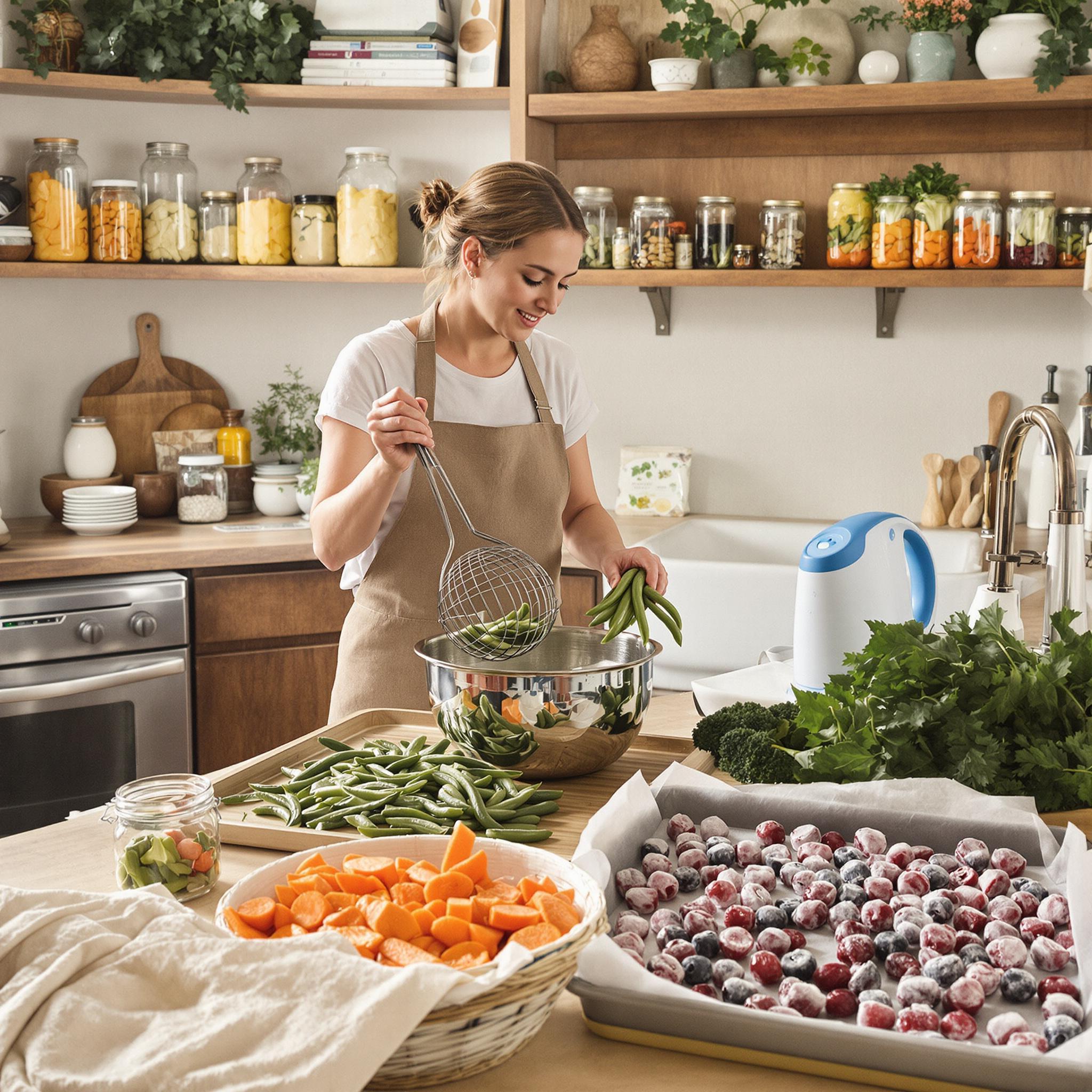 A person blanching fresh green beans in a cozy kitchen before freezing, with bowls of chopped vegetables and a tray of frozen berries.