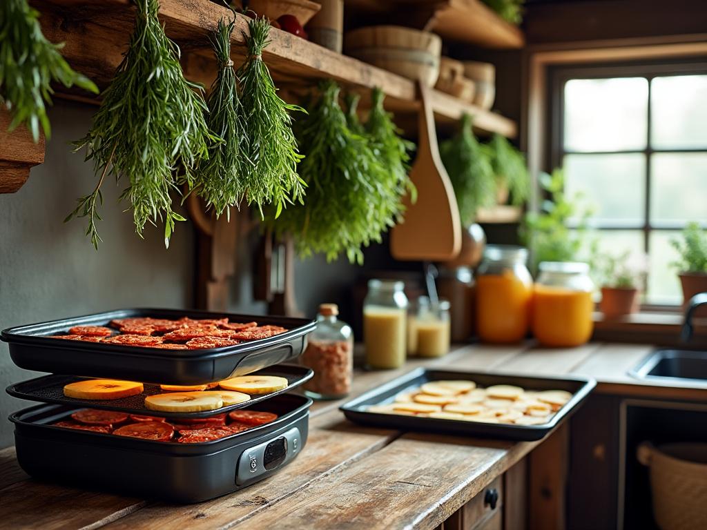 A rustic kitchen with herbs hanging to dry and a food dehydrator filled with apple slices and jerky on the countertop.