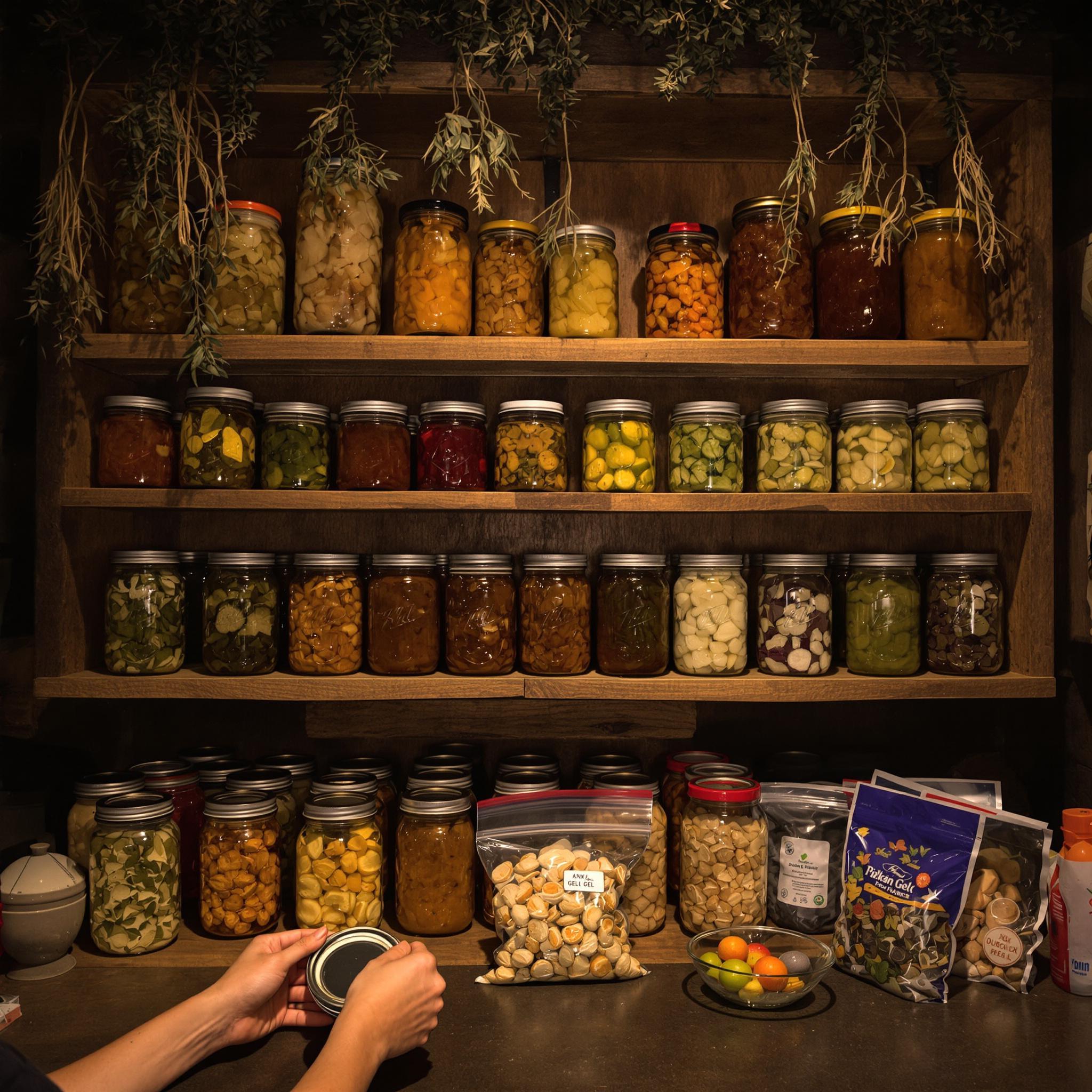 A rustic pantry with wooden shelves storing canned vegetables, jams, pickles, and dried herbs, with hands inspecting a jar lid.