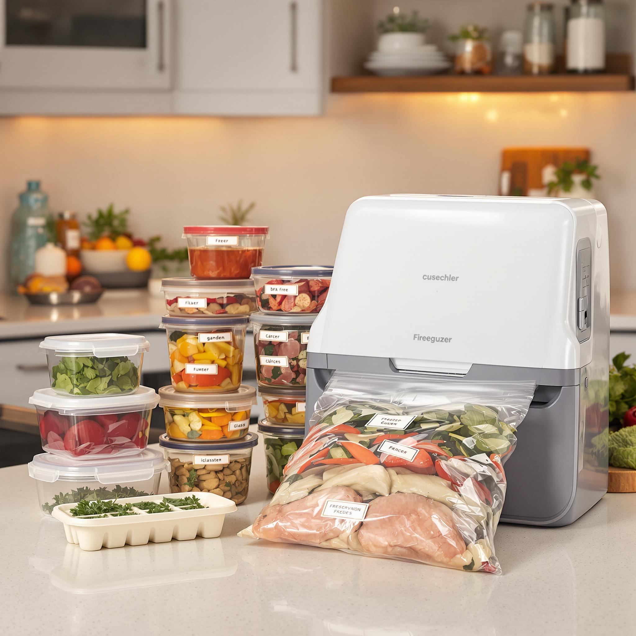 A kitchen counter with a vacuum sealer in use, sealed food bags, freezer-safe containers, and an ice cube tray for preserving herbs.