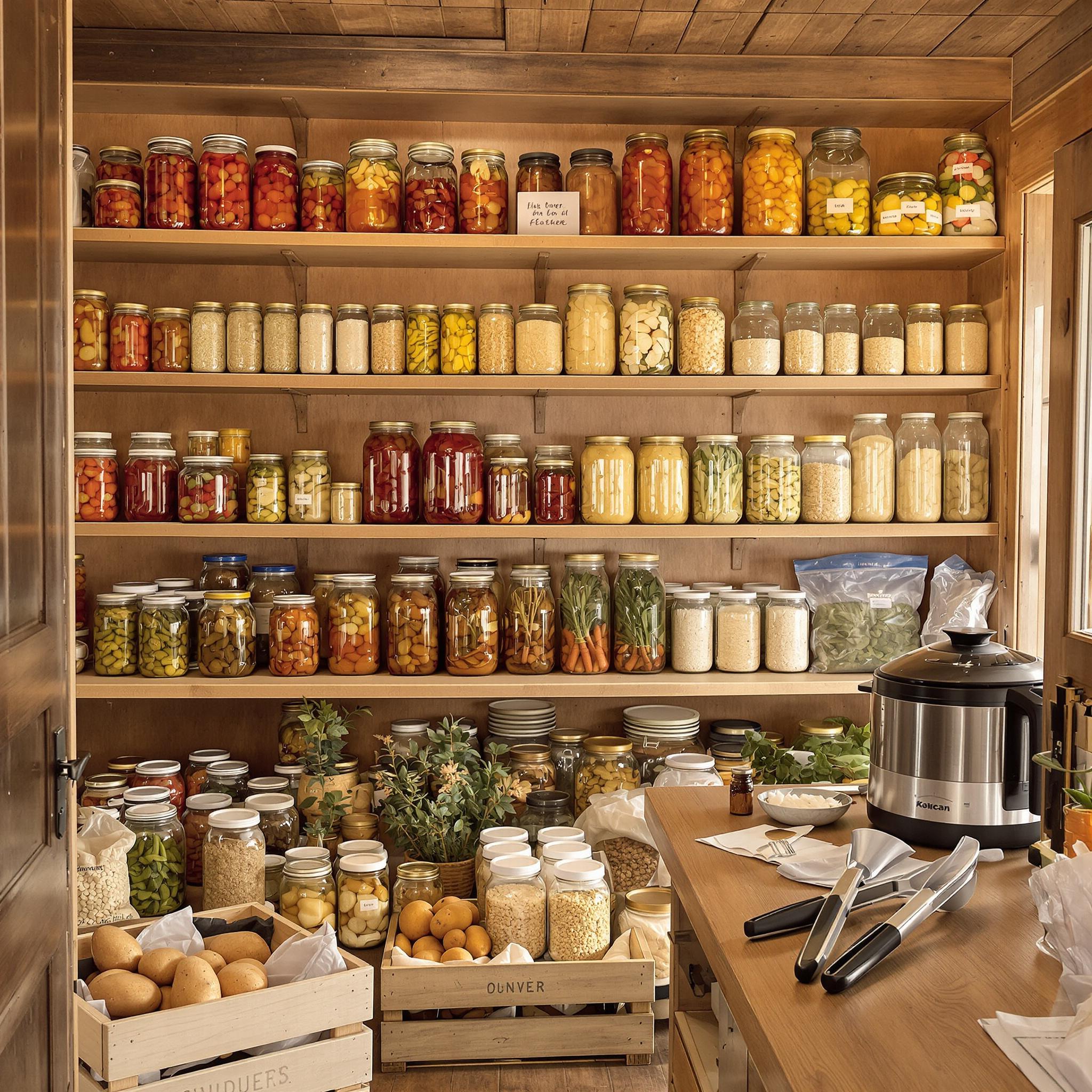 A rustic pantry with wooden shelves stocked with glass jars of home-canned vegetables, dried herbs, and vacuum-sealed grains.