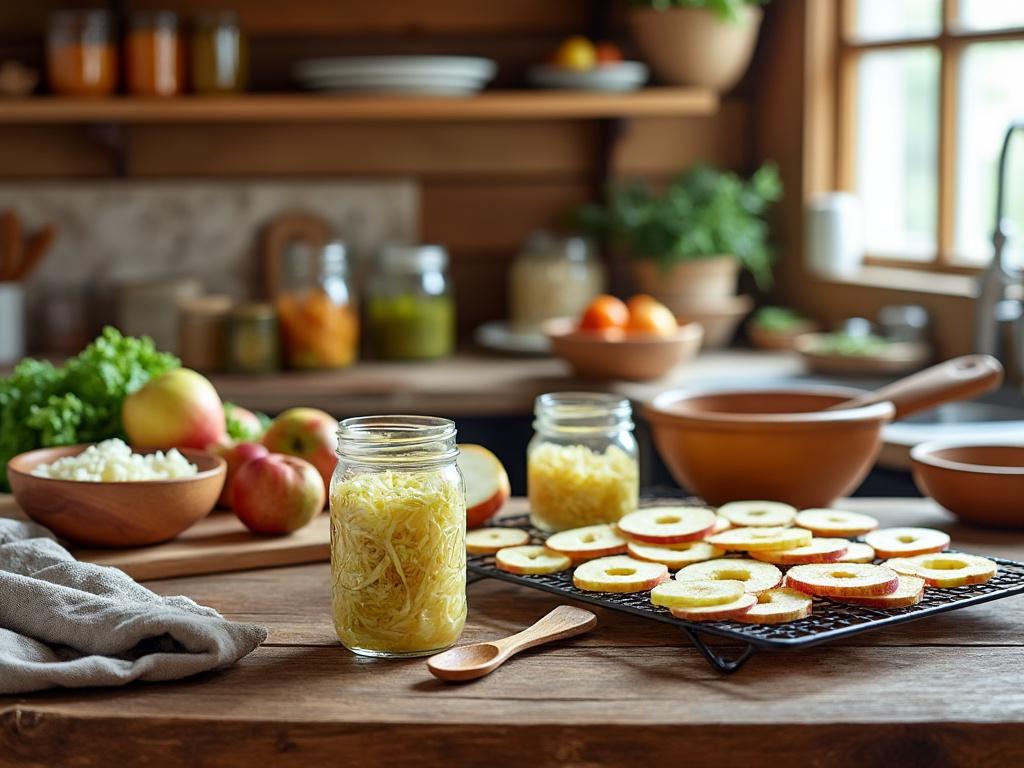 A Mason jar of fermenting sauerkraut and a drying rack with apple slices on a wooden kitchen counter in natural light.