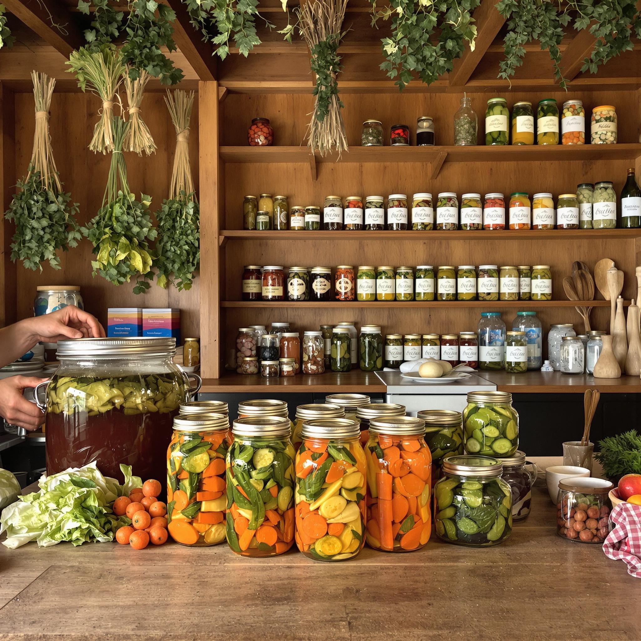 A rustic kitchen table with Mason jars of fermented vegetables, a fermentation crock, and drying herbs hanging in the background.