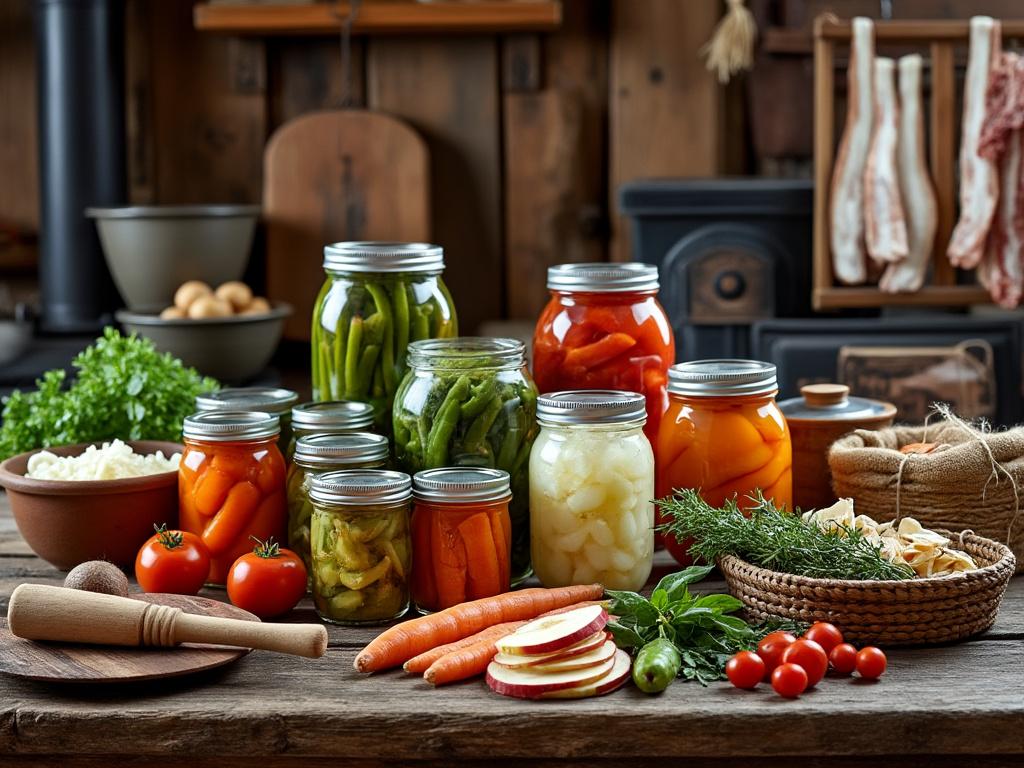 A rustic kitchen table with Mason jars of canned vegetables, a fermentation crock with sauerkraut, dried herbs, and hanging meat.